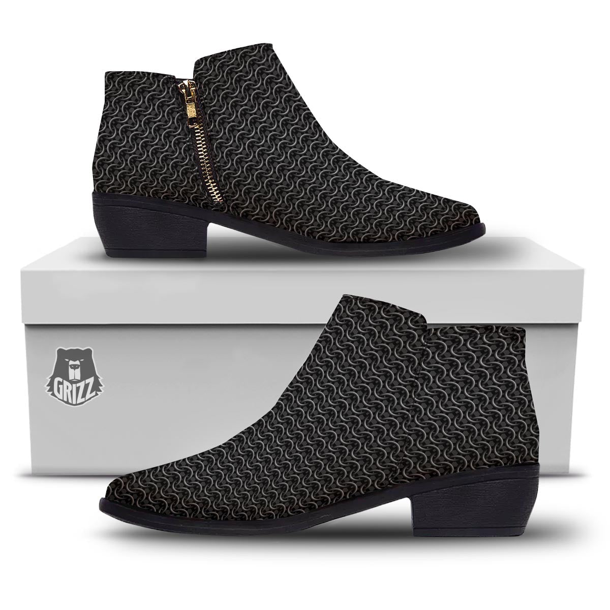 Chainmail Black Print Pattern Ankle Boots-grizzshop