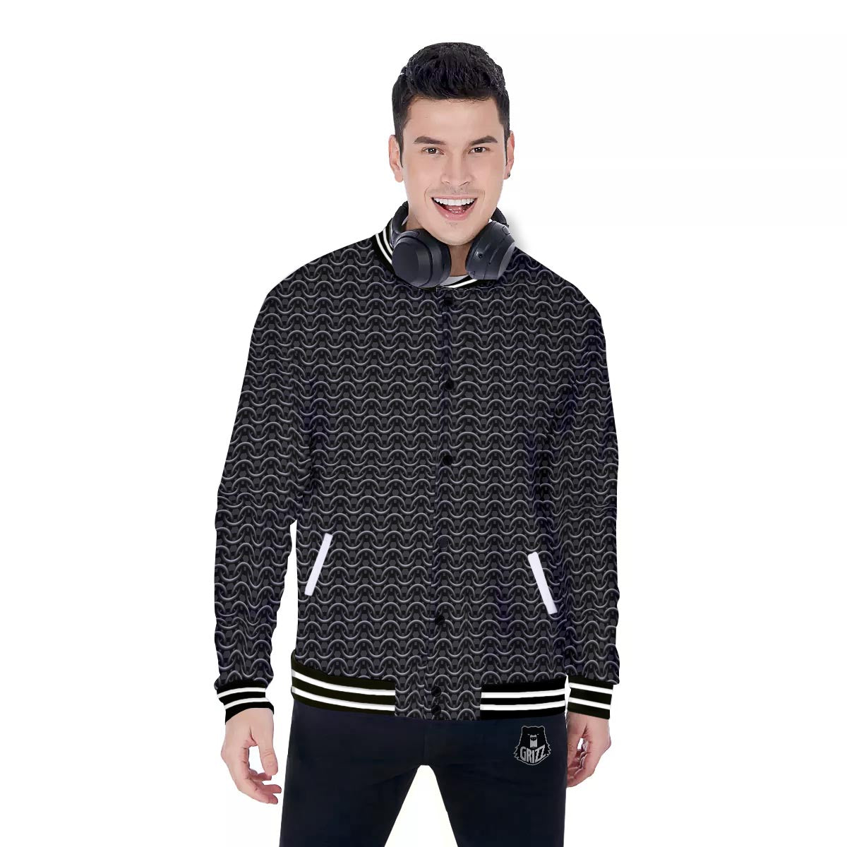 Chainmail Black Print Pattern Baseball Jacket-grizzshop