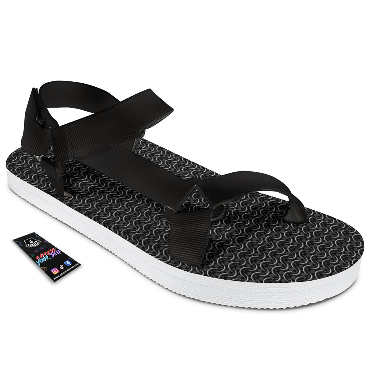Chainmail Black Print Pattern Black Open Toe Sandals-grizzshop