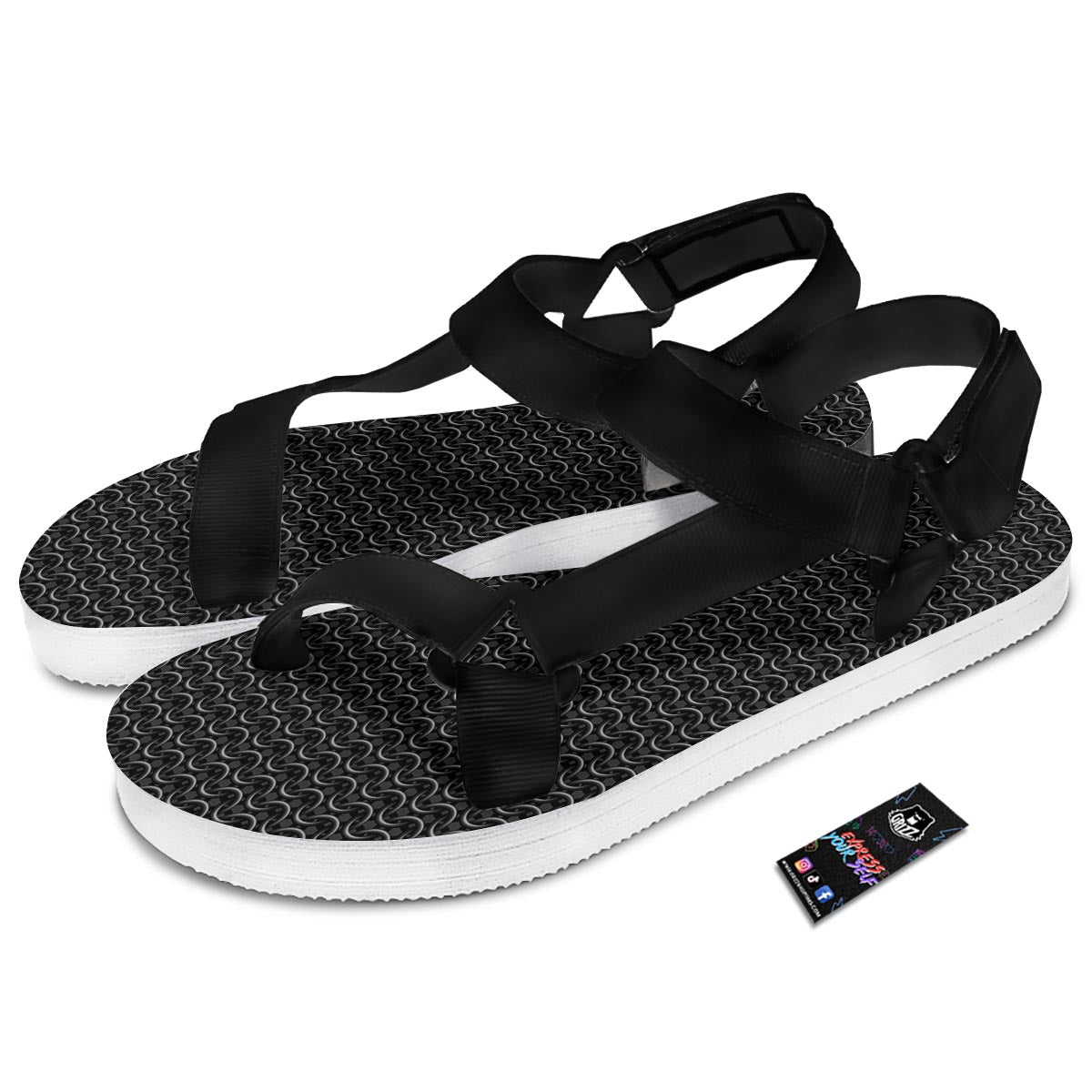 Chainmail Black Print Pattern Black Open Toe Sandals-grizzshop