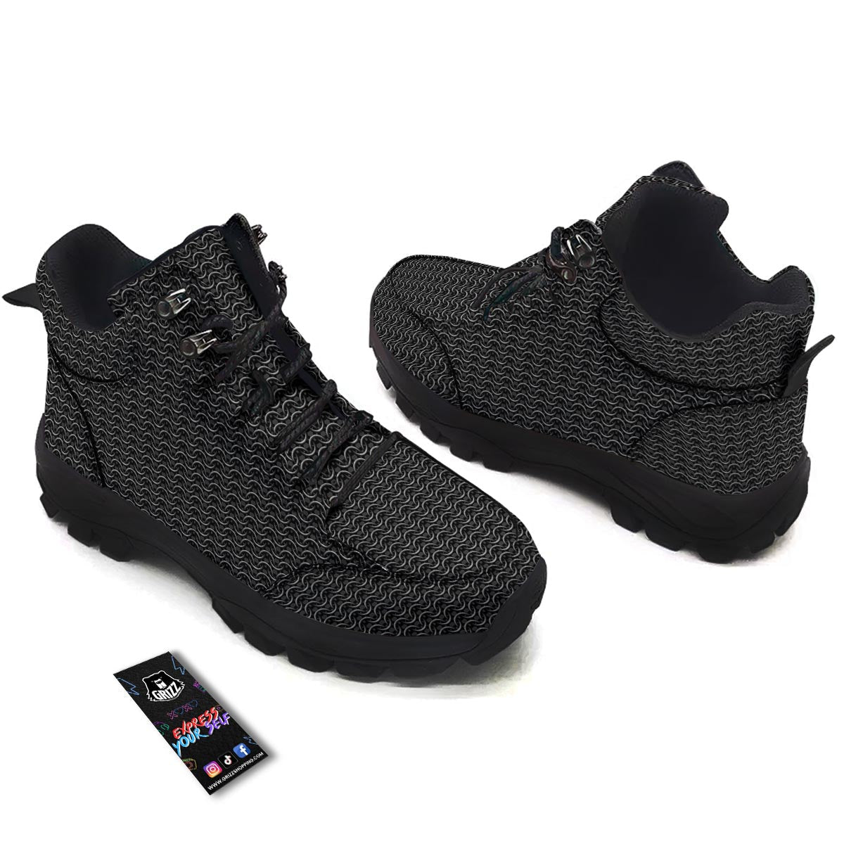 Chainmail Black Print Pattern Hiking Shoes-grizzshop