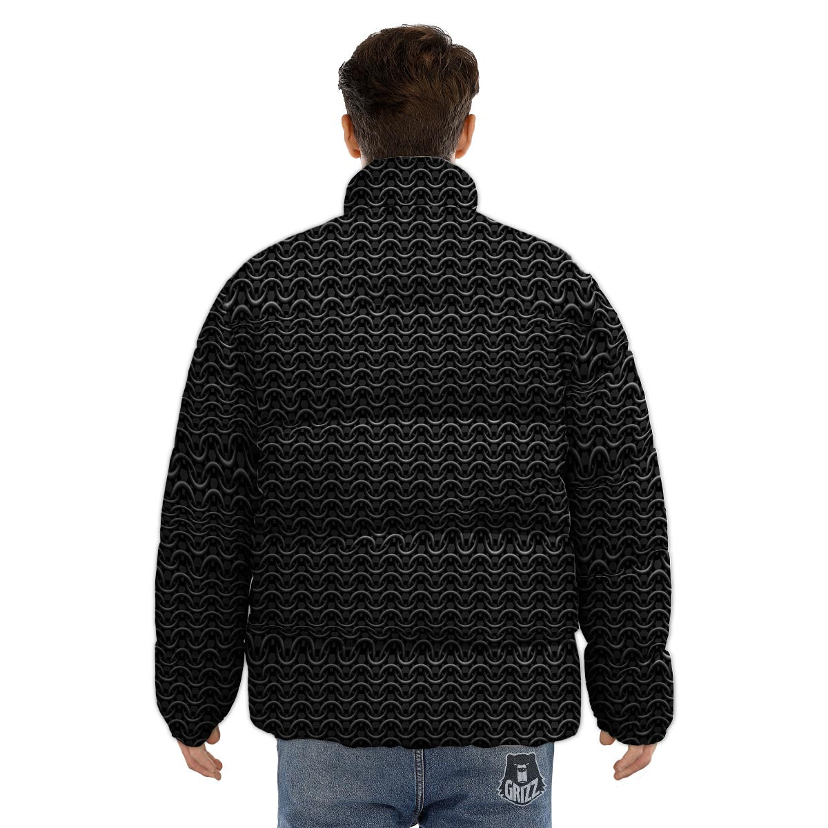 Chainmail Black Print Pattern Puffer Jacket-grizzshop