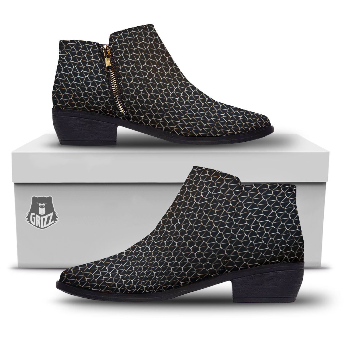Chainmail Metal Print Pattern Ankle Boots-grizzshop
