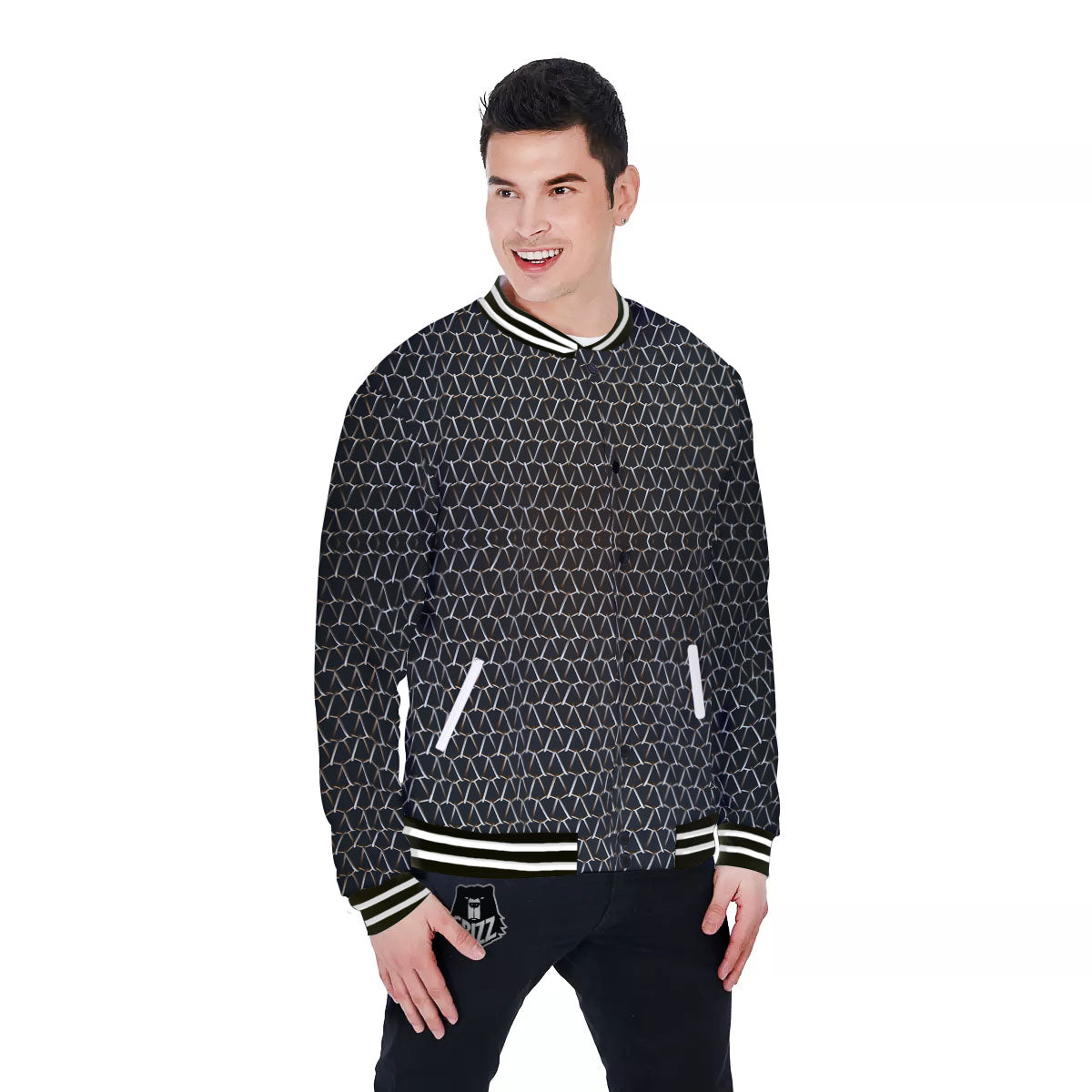Chainmail Metal Print Pattern Baseball Jacket-grizzshop