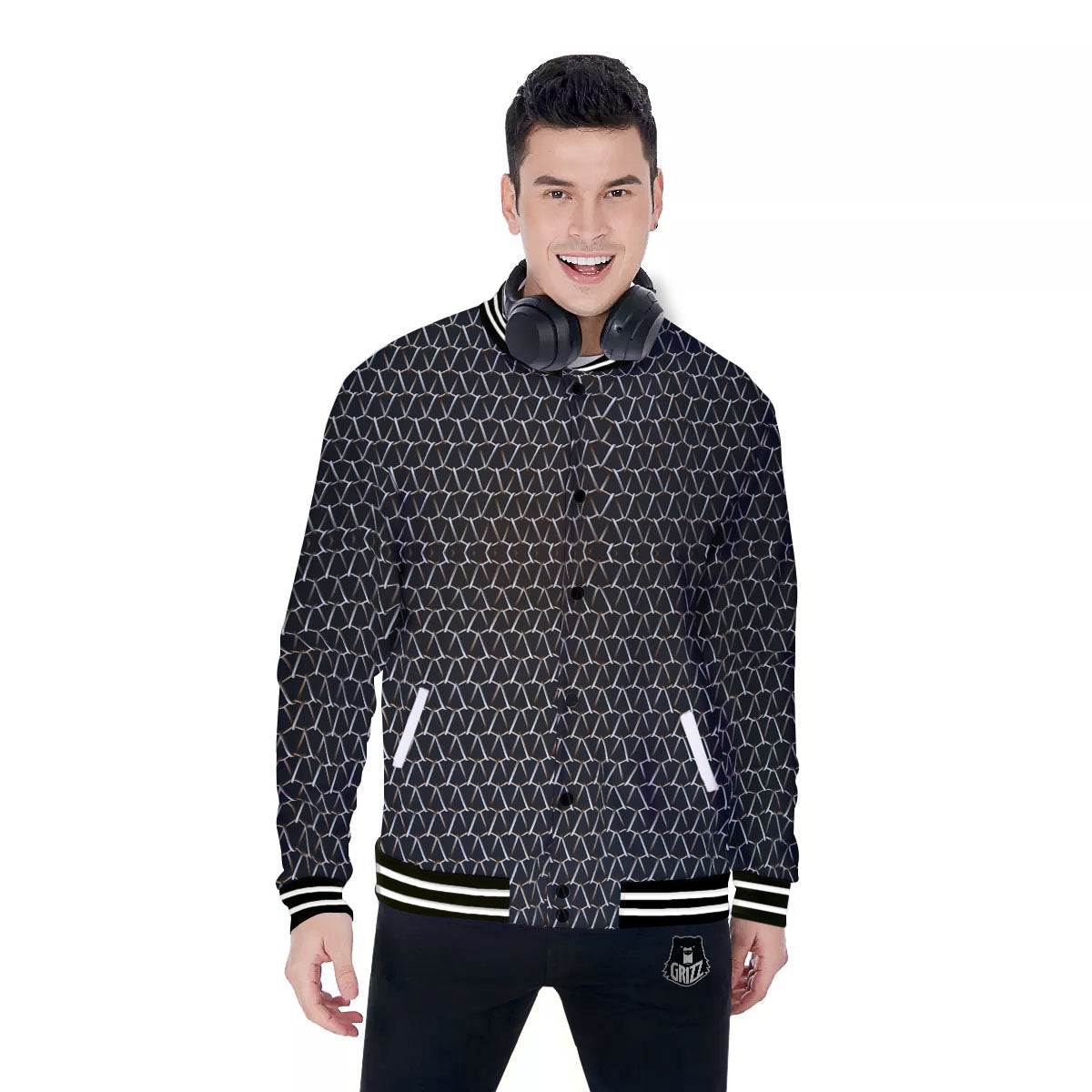 Chainmail Metal Print Pattern Baseball Jacket-grizzshop