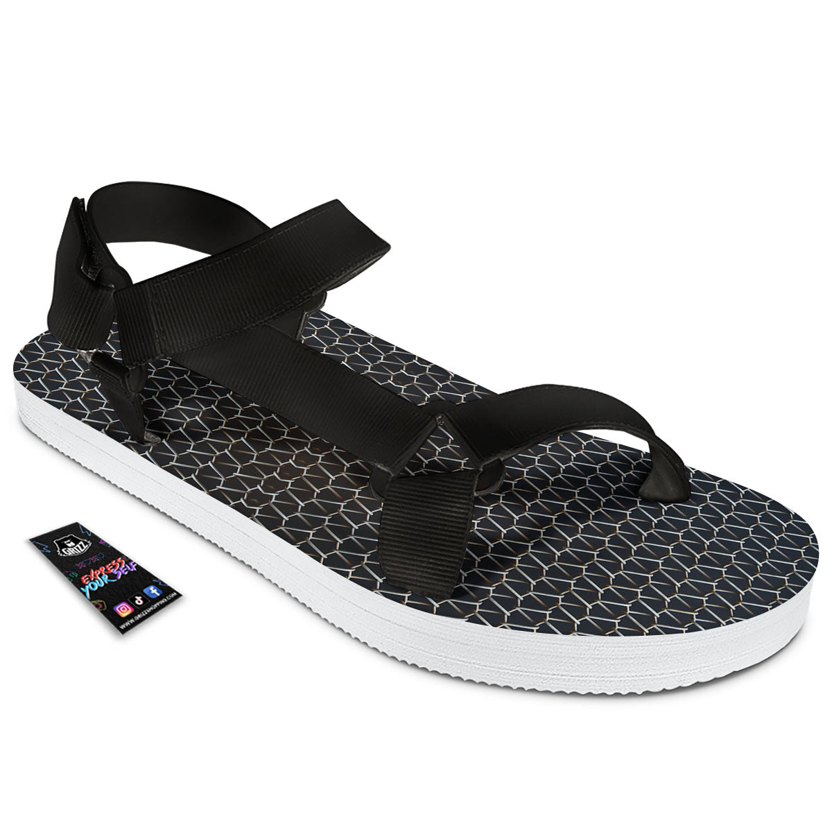 Chainmail Metal Print Pattern Black Open Toe Sandals-grizzshop