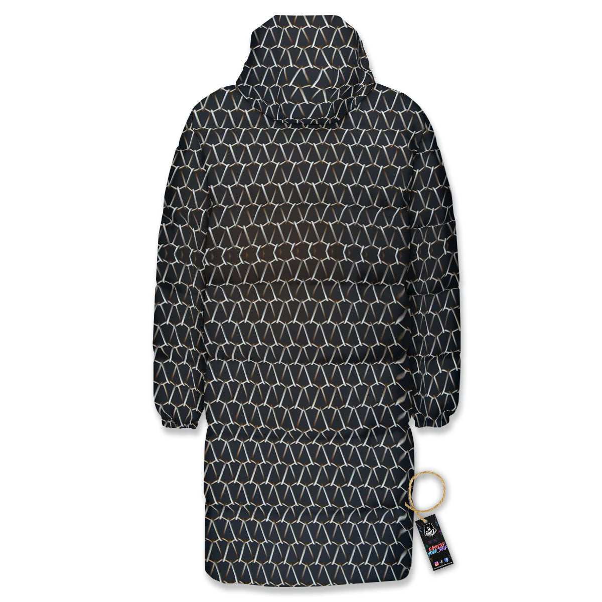 Chainmail Metal Print Pattern Long Down Jacket-grizzshop