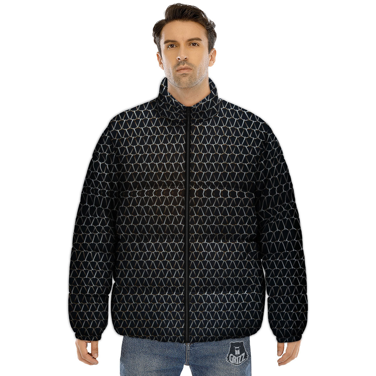 Chainmail Metal Print Pattern Puffer Jacket-grizzshop