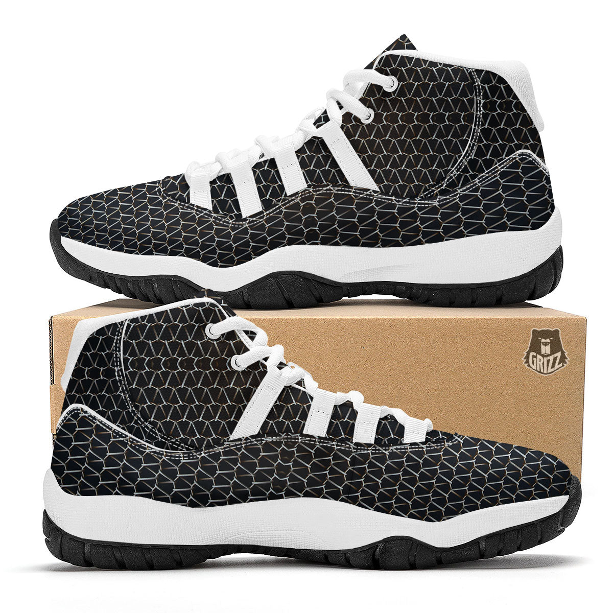 Chainmail Metal Print Pattern White Bball Shoes-grizzshop