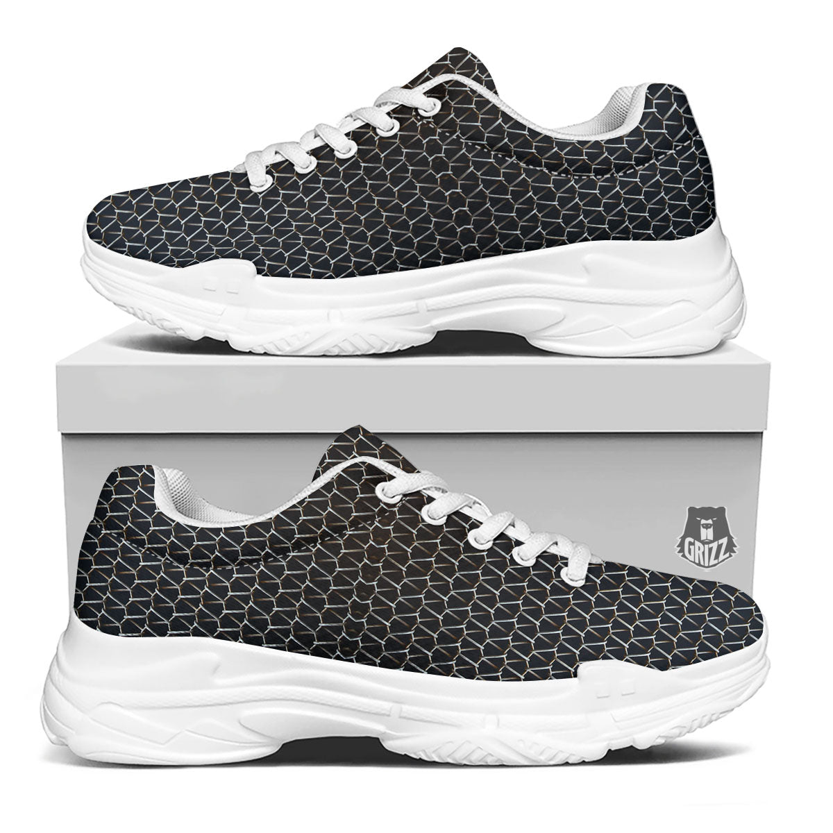 Chainmail Metal Print Pattern White Chunky Shoes-grizzshop