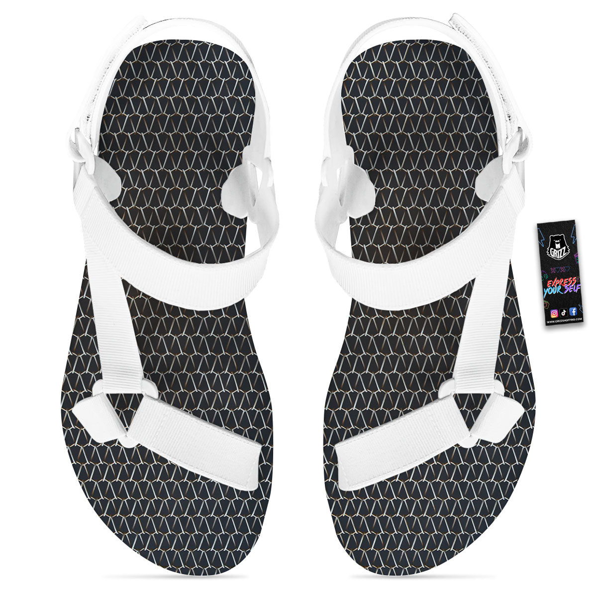 Chainmail Metal Print Pattern White Open Toe Sandals-grizzshop