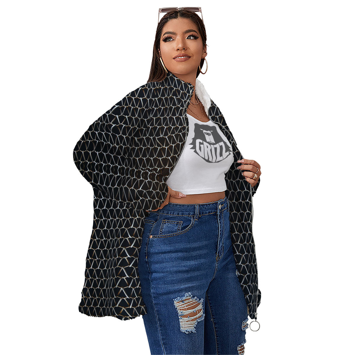 Chainmail Metal Print Pattern Women's Sherpa Jacket-grizzshop