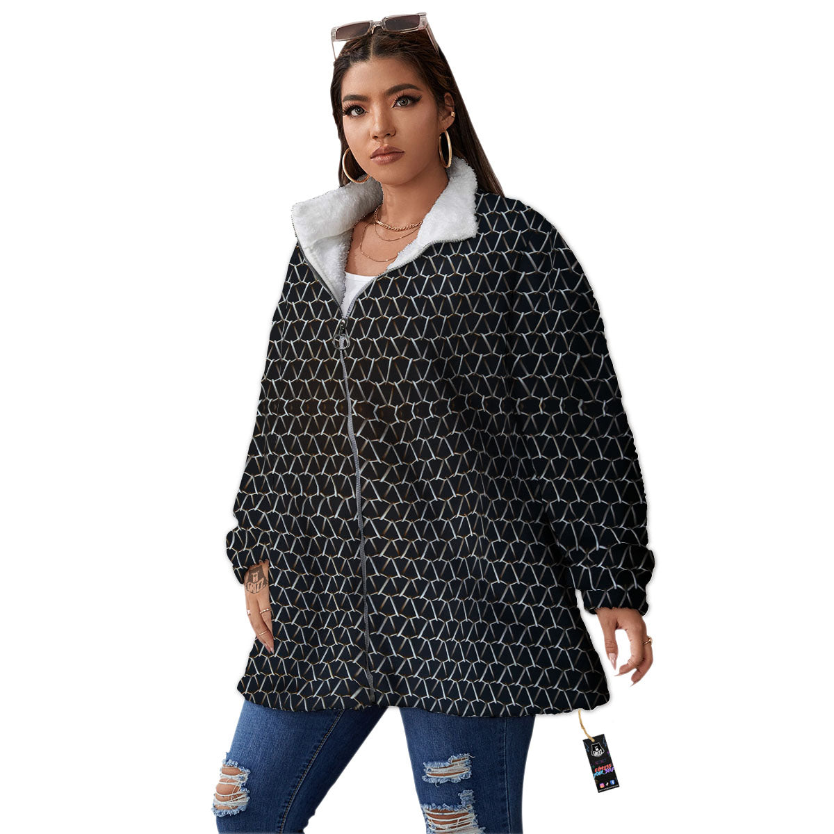 Chainmail Metal Print Pattern Women's Sherpa Jacket-grizzshop
