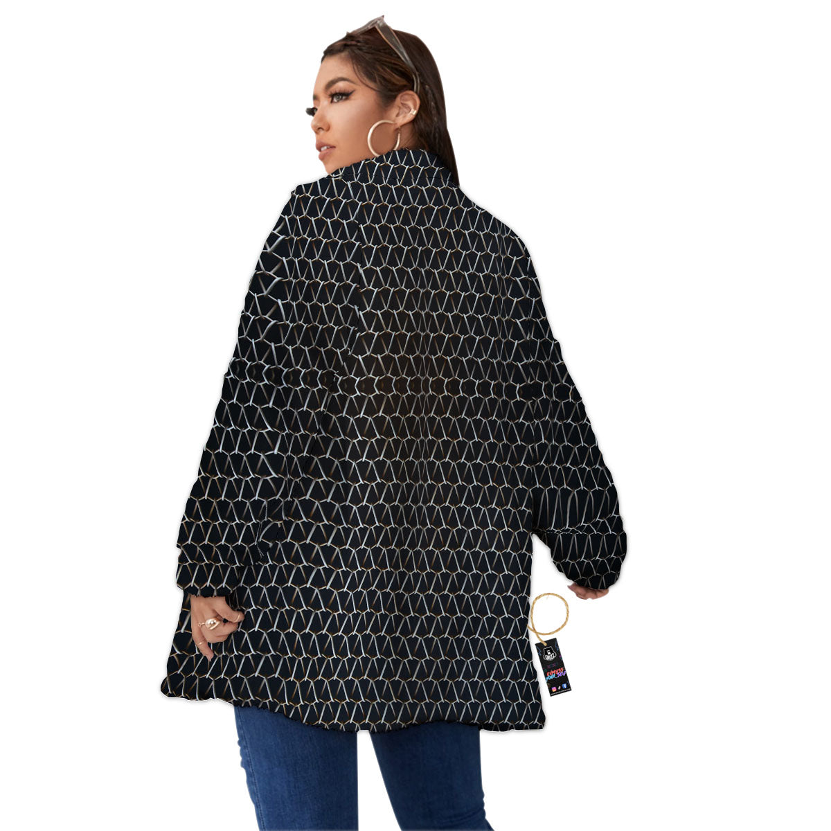 Chainmail Metal Print Pattern Women's Sherpa Jacket-grizzshop