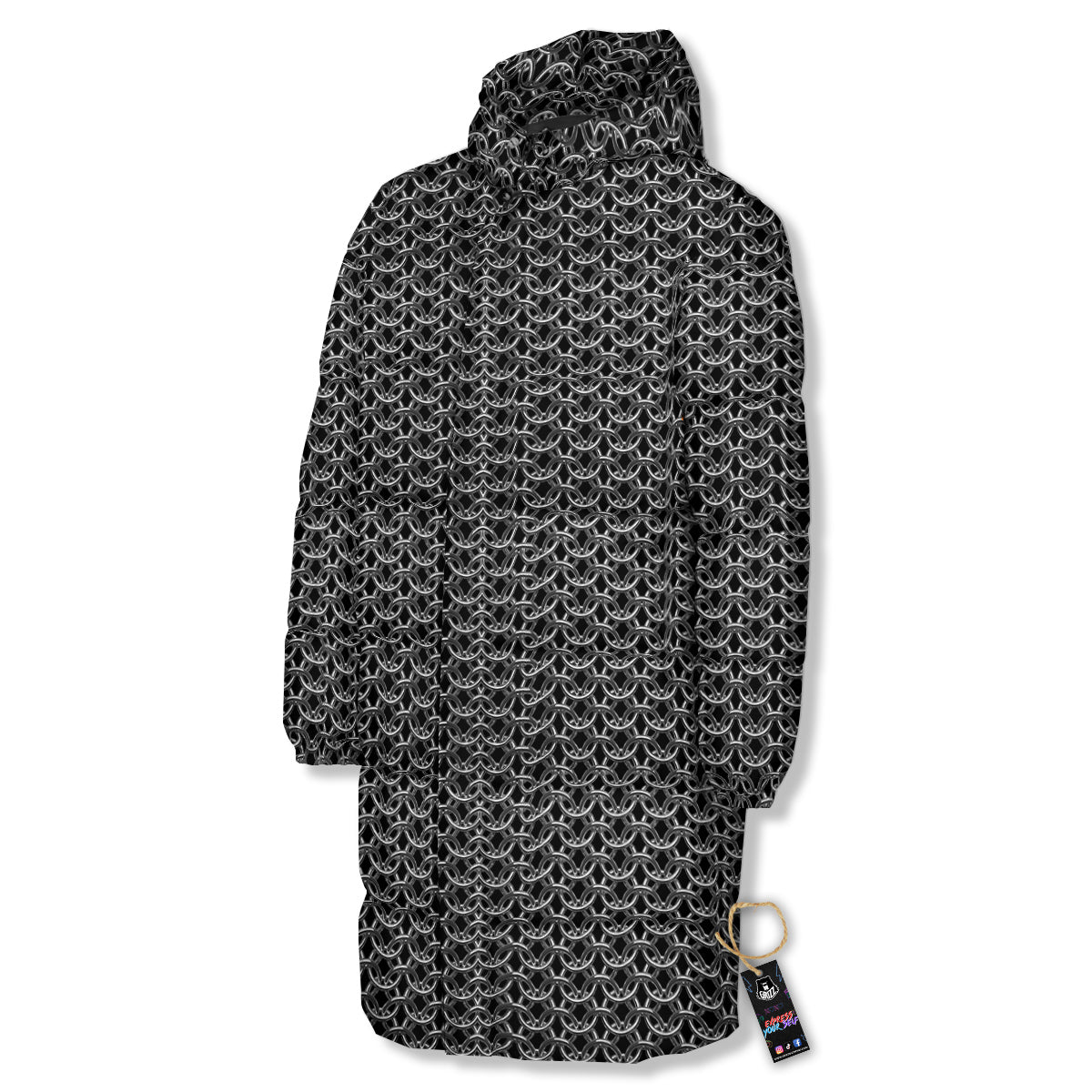 Chainmail Ring Print Long Down Jacket-grizzshop