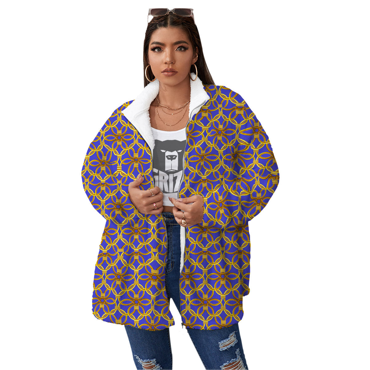 Chainmail Ring Print Pattern Women's Sherpa Jacket-grizzshop