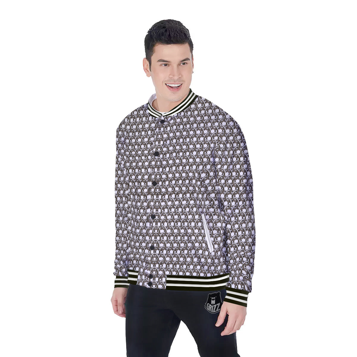 Chainmail Texture Print Baseball Jacket-grizzshop