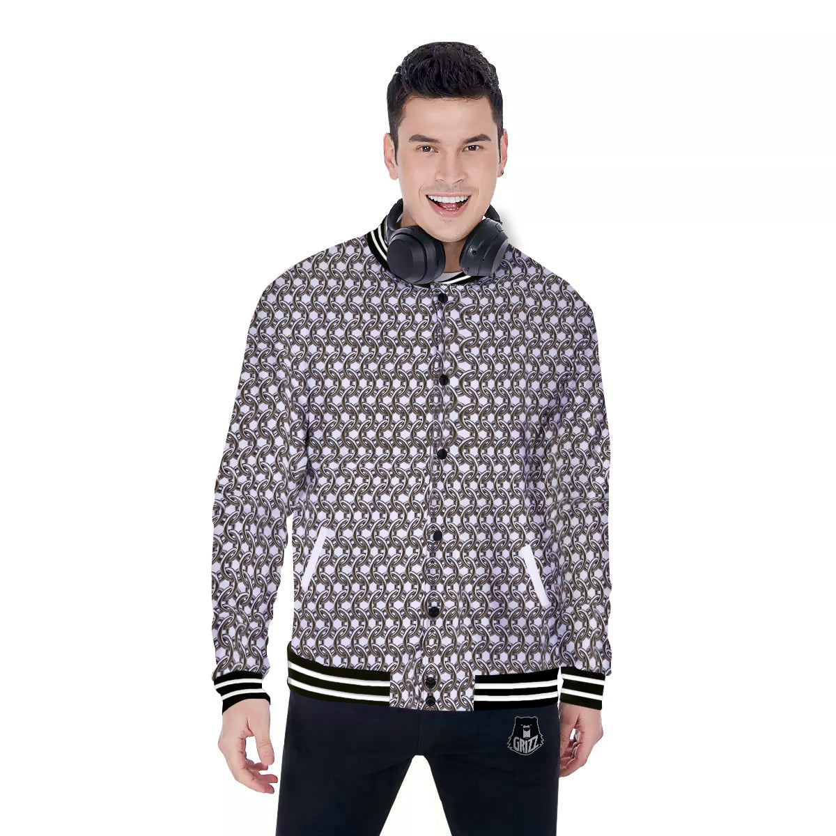 Chainmail Texture Print Baseball Jacket-grizzshop
