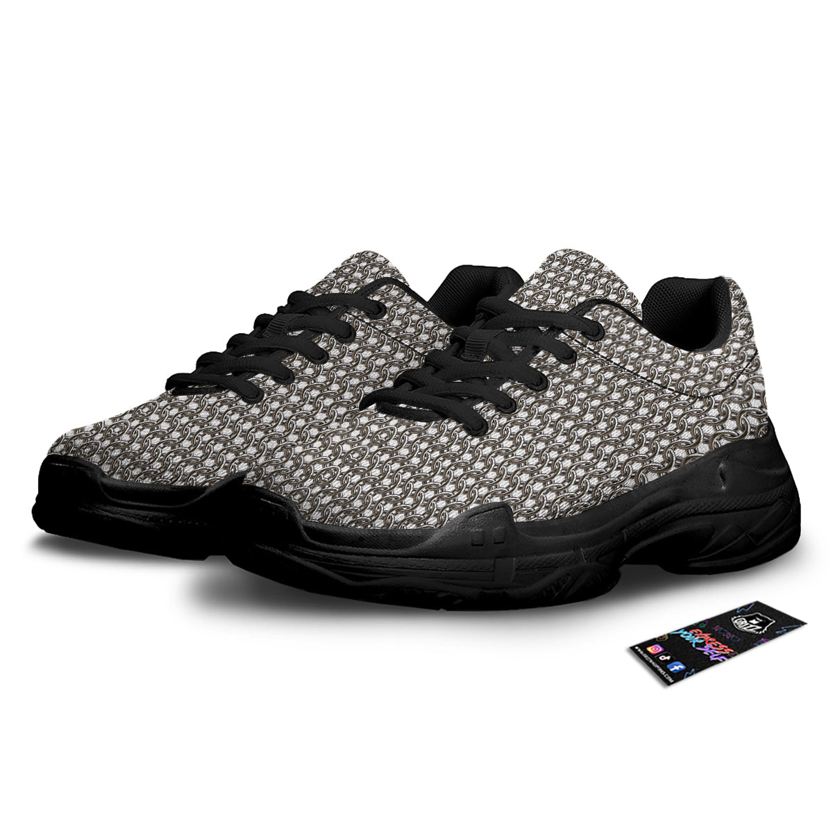 Chainmail Texture Print Black Chunky Shoes-grizzshop