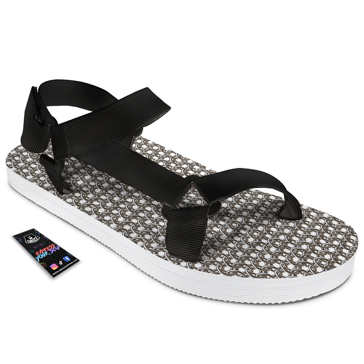 Chainmail Texture Print Black Open Toe Sandals-grizzshop
