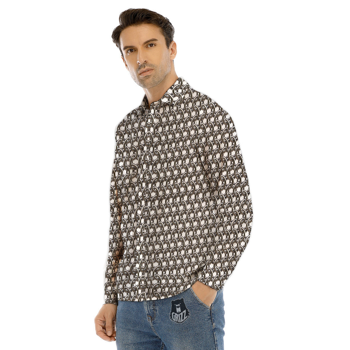 Chainmail Texture Print Men's Dress Shirts-grizzshop