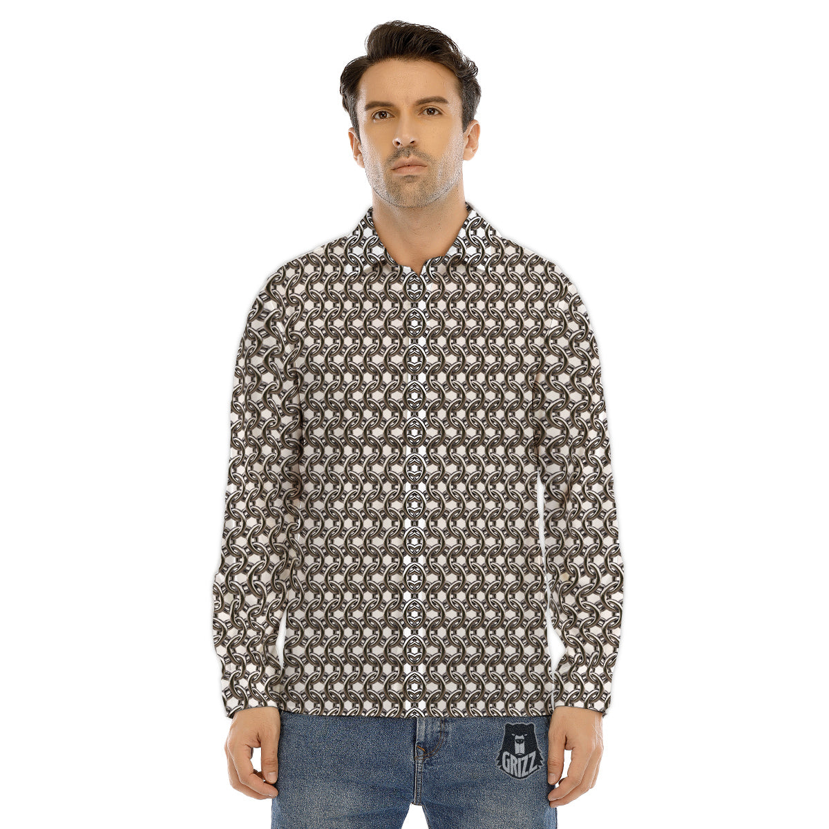 Chainmail Texture Print Men's Dress Shirts-grizzshop