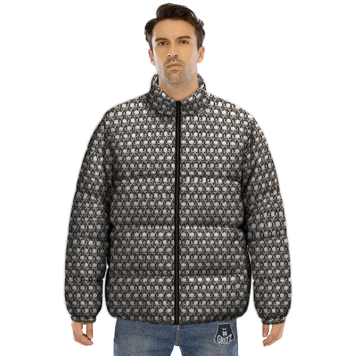Chainmail Texture Print Puffer Jacket-grizzshop