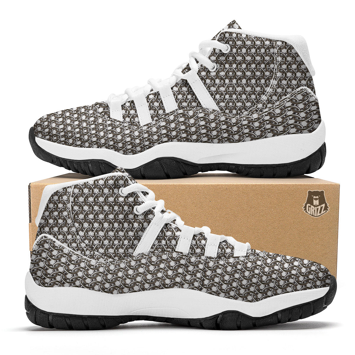 Chainmail Texture Print White Bball Shoes-grizzshop