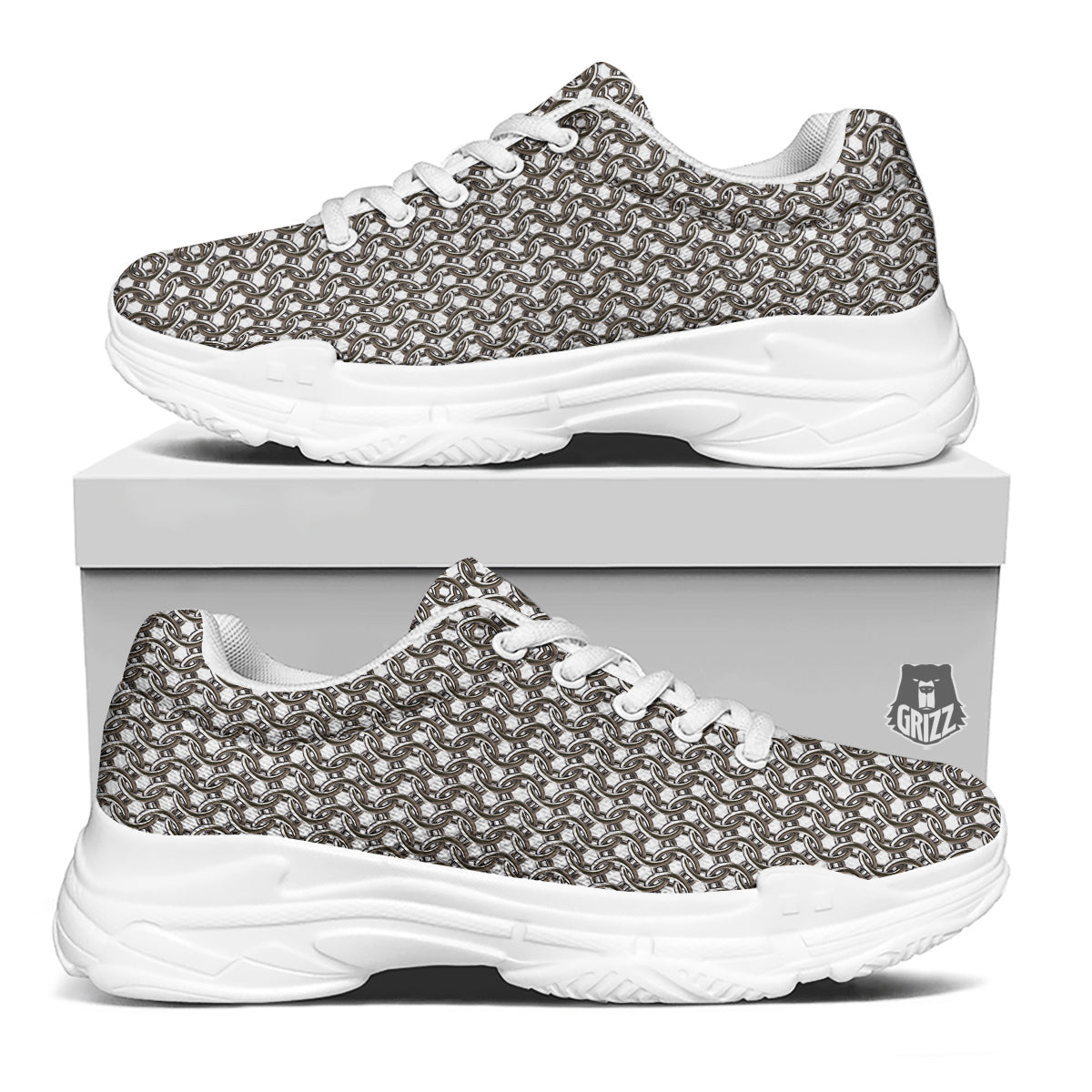 Chainmail Texture Print White Chunky Shoes-grizzshop