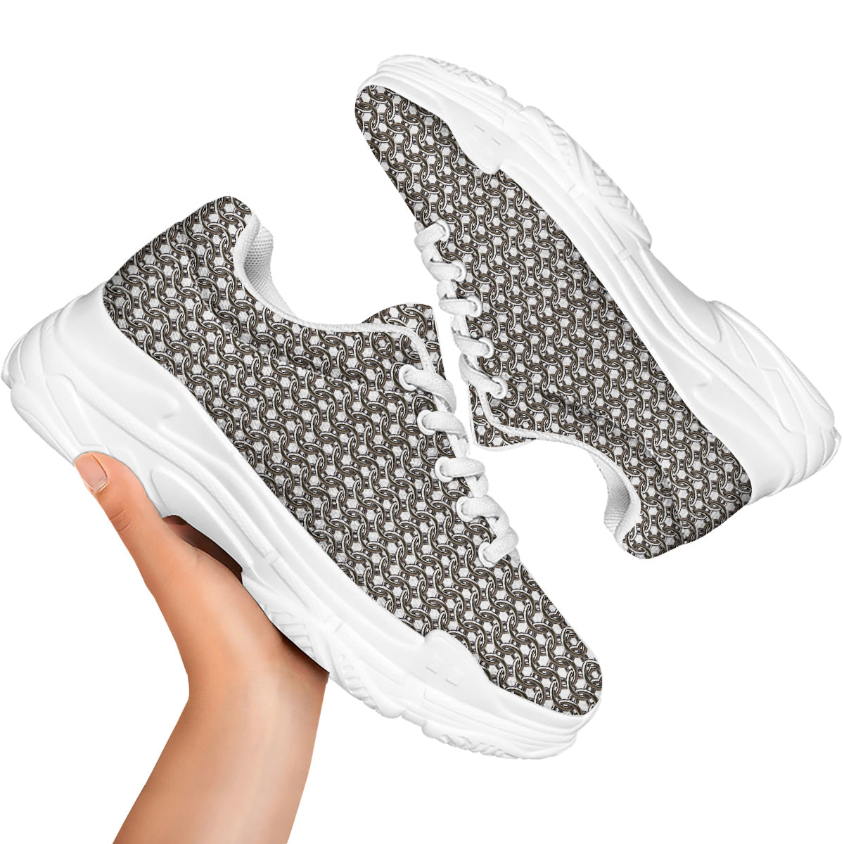 Chainmail Texture Print White Chunky Shoes-grizzshop