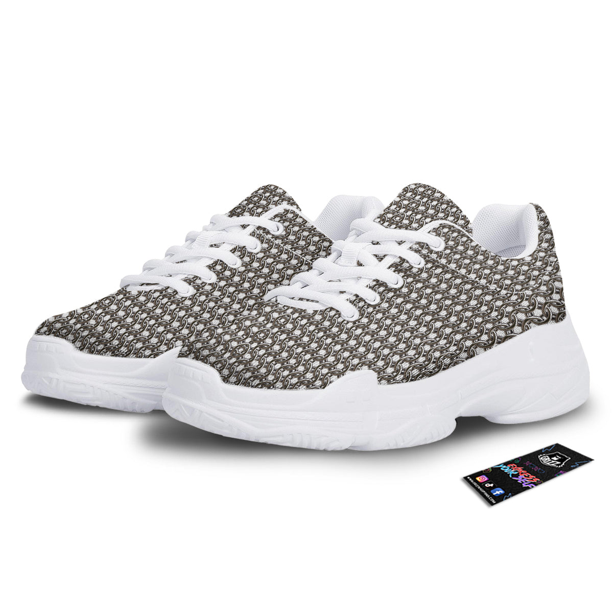 Chainmail Texture Print White Chunky Shoes-grizzshop