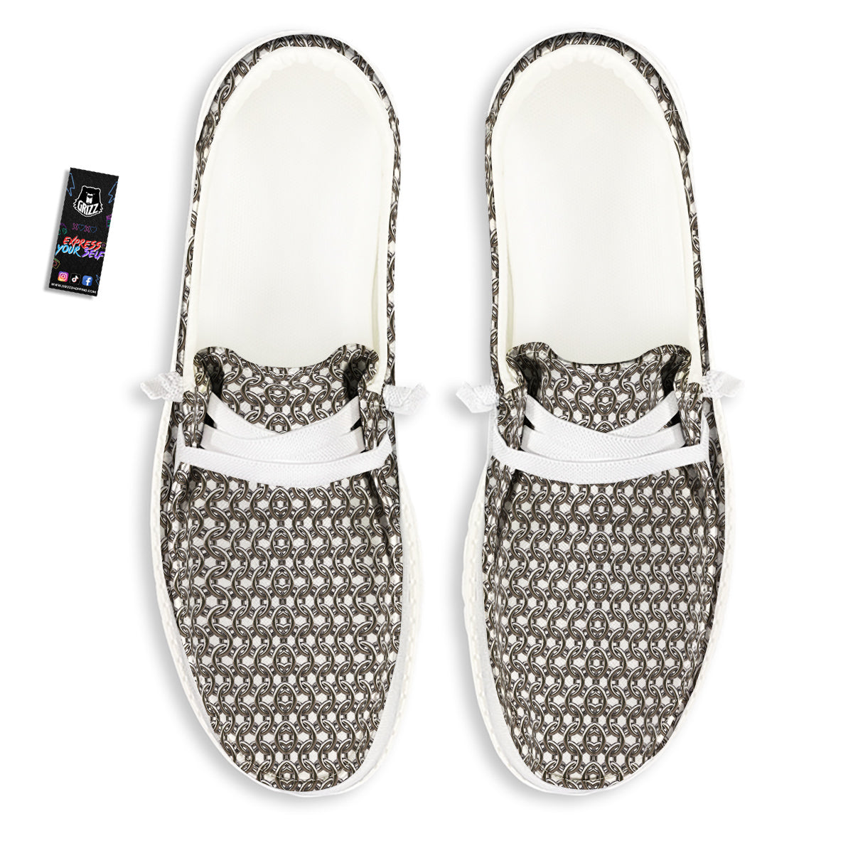 Chainmail Texture Print White Loafers-grizzshop