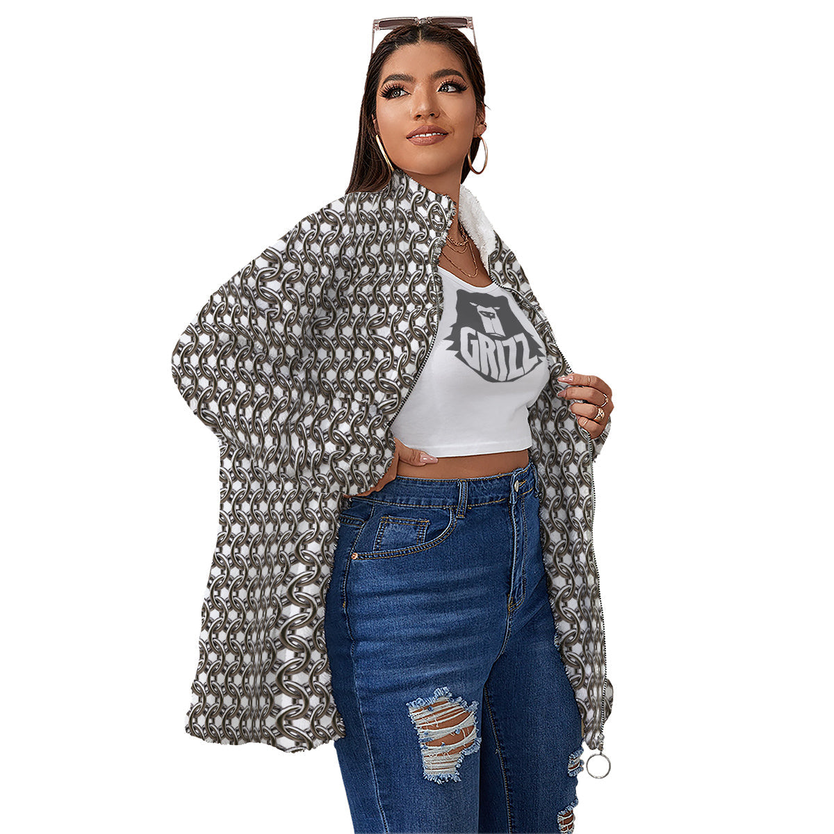 Chainmail Texture Print Women's Sherpa Jacket-grizzshop