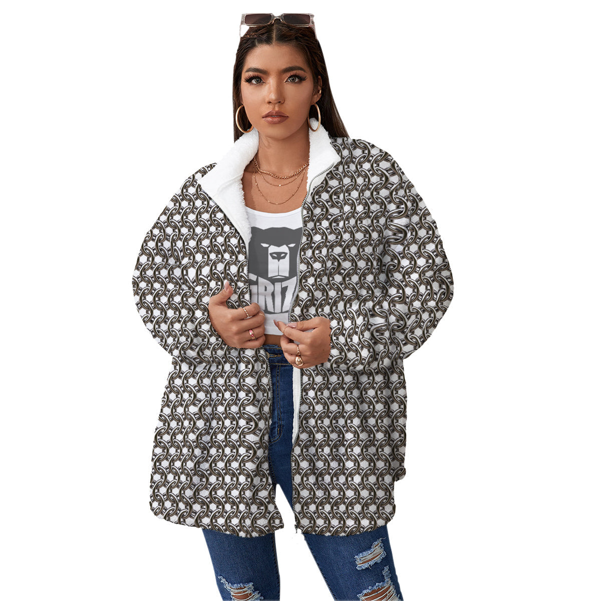 Chainmail Texture Print Women's Sherpa Jacket-grizzshop