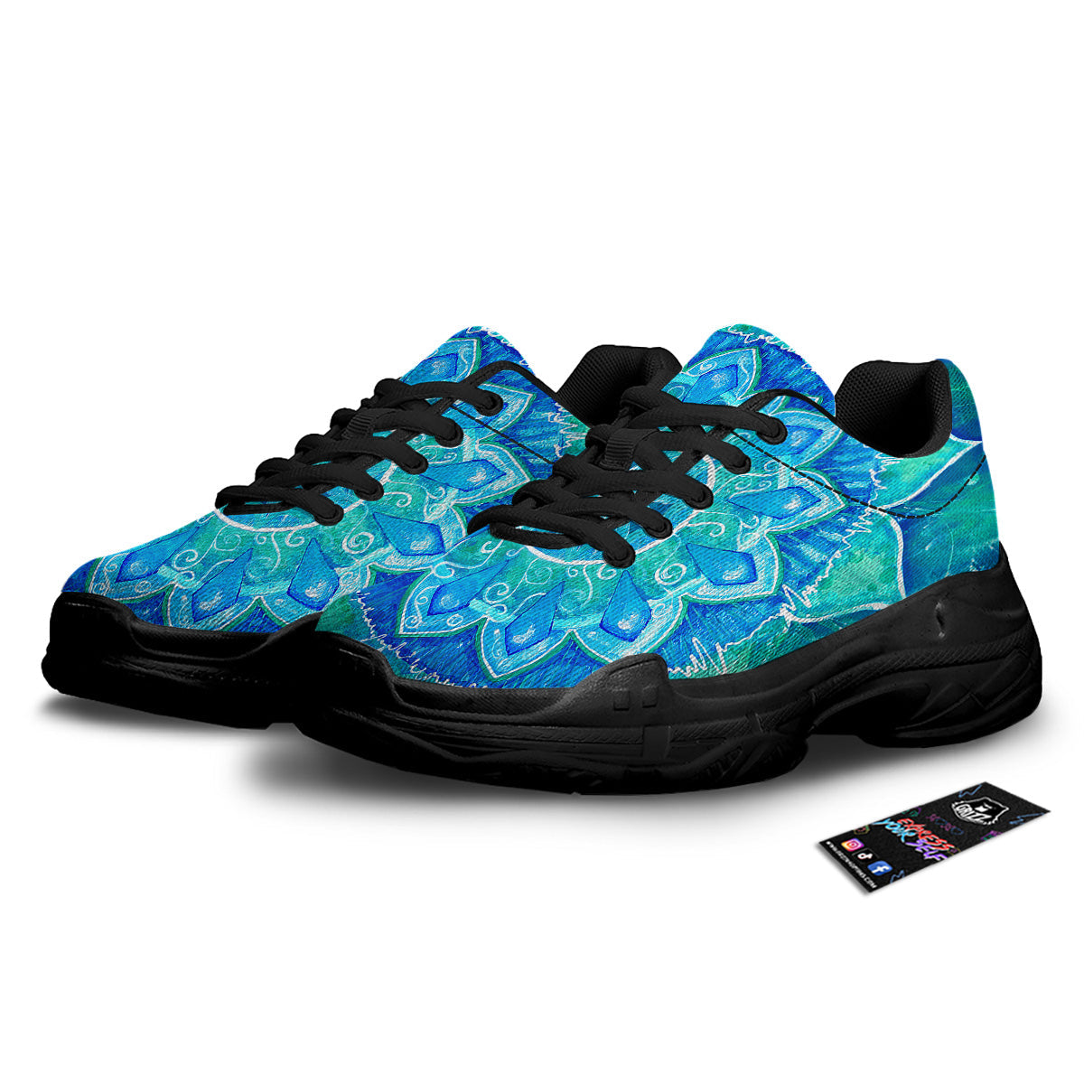 Chakra Mandala Blue Vishuddha Print Black Chunky Shoes-grizzshop