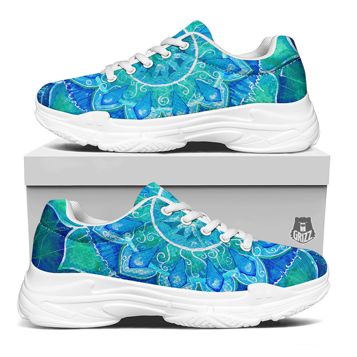 Chakra Mandala Blue Vishuddha Print White Chunky Shoes-grizzshop