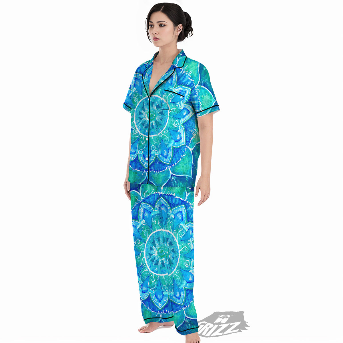 Chakra Mandala Blue Vishuddha Print Women's Pajamas Set-grizzshop