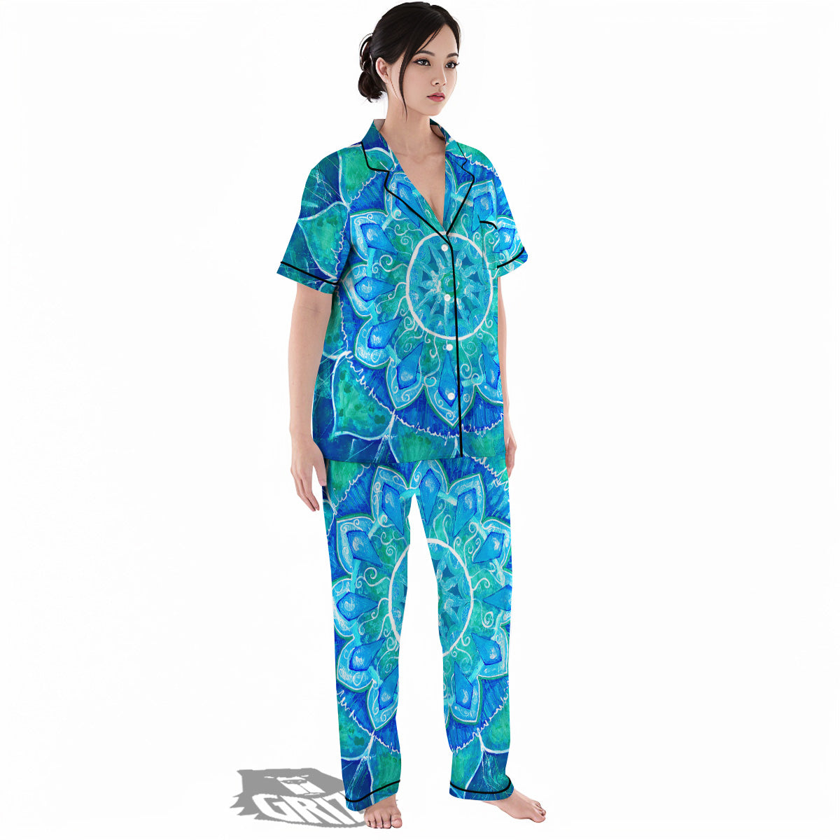 Chakra Mandala Blue Vishuddha Print Women's Pajamas Set-grizzshop