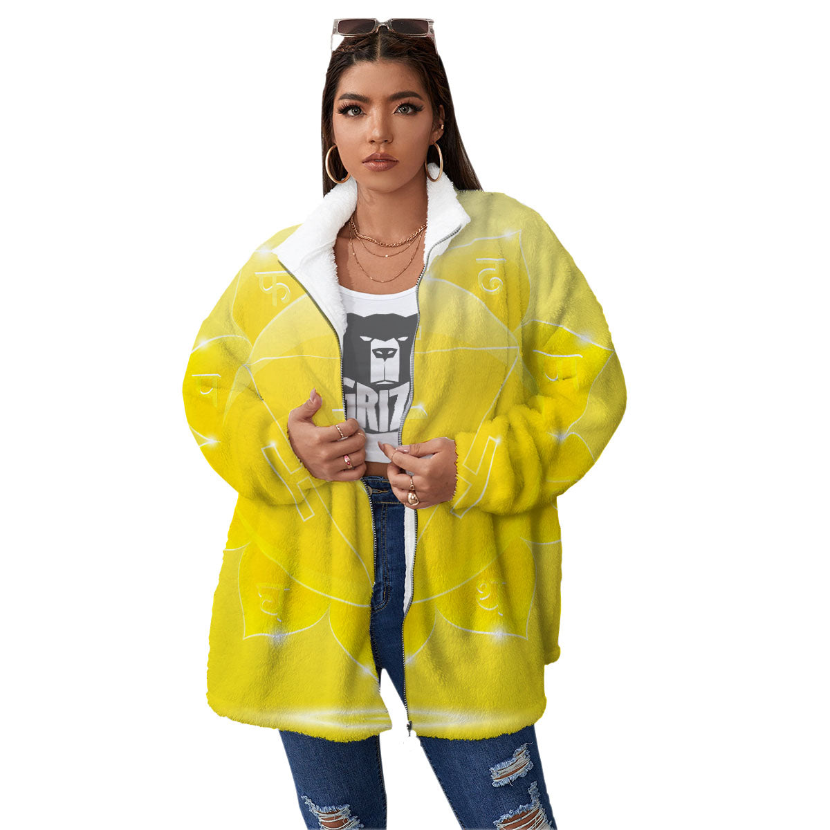 Chakra Manipura Spiritual Print Women's Sherpa Jacket-grizzshop