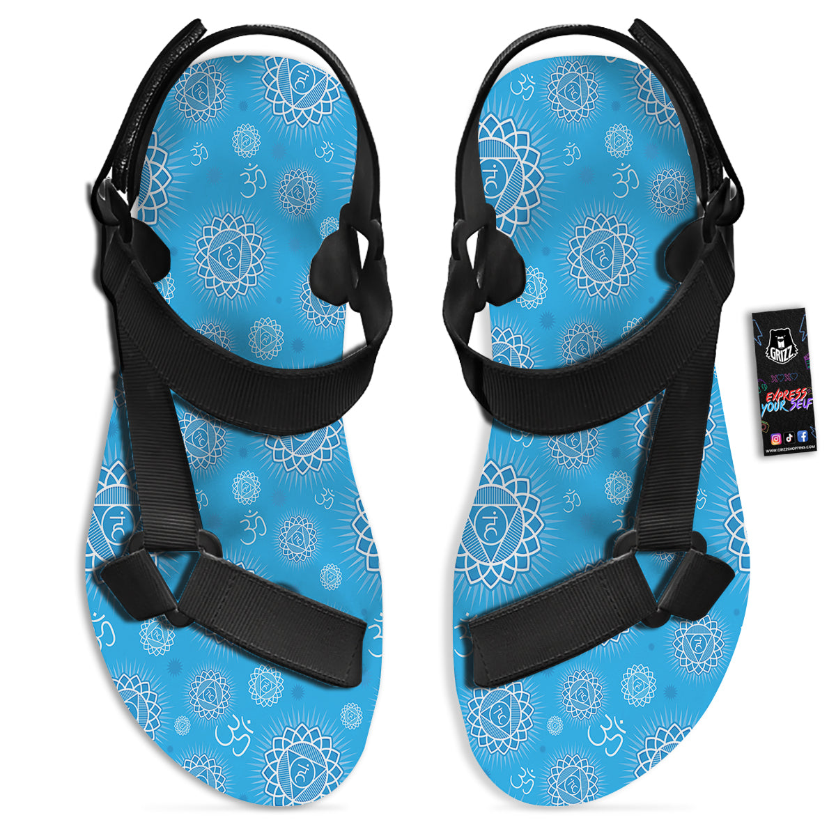Chakra Vishuddha Print Pattern Black Open Toe Sandals-grizzshop
