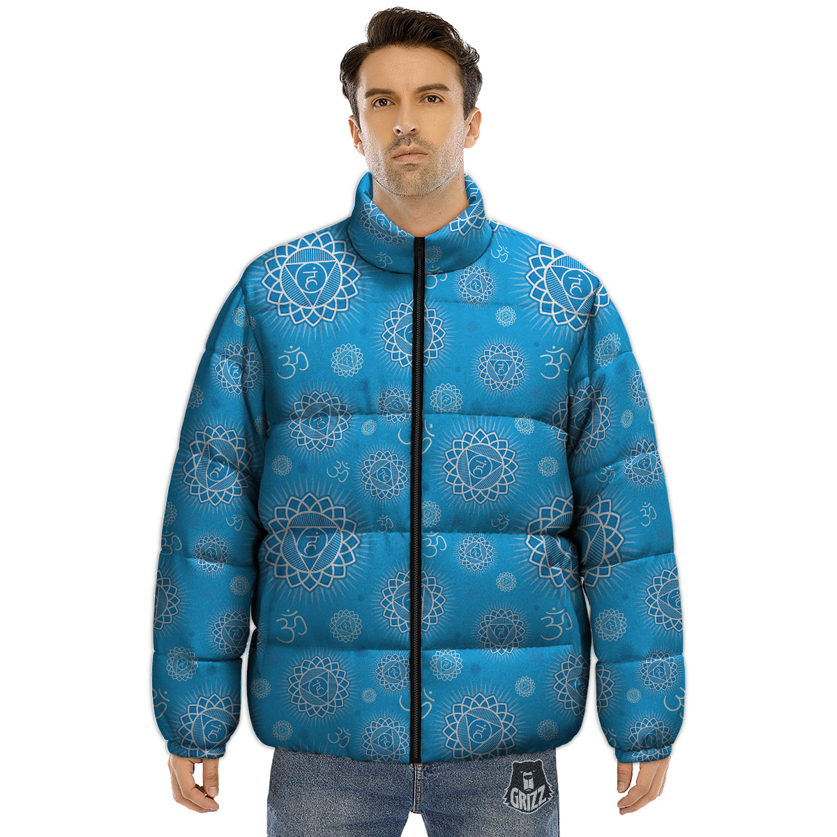 Chakra Vishuddha Print Pattern Puffer Jacket-grizzshop