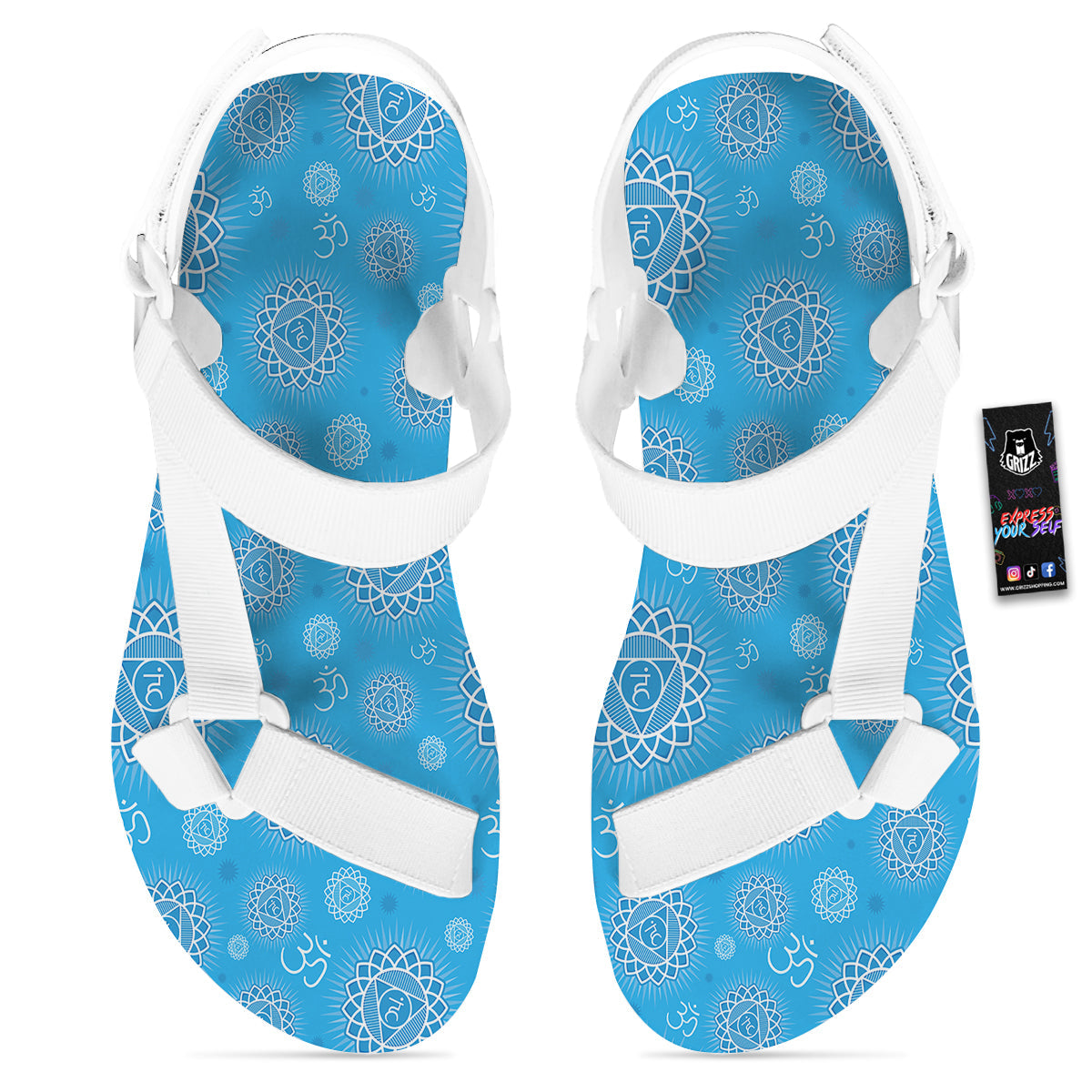 Chakra Vishuddha Print Pattern White Open Toe Sandals-grizzshop