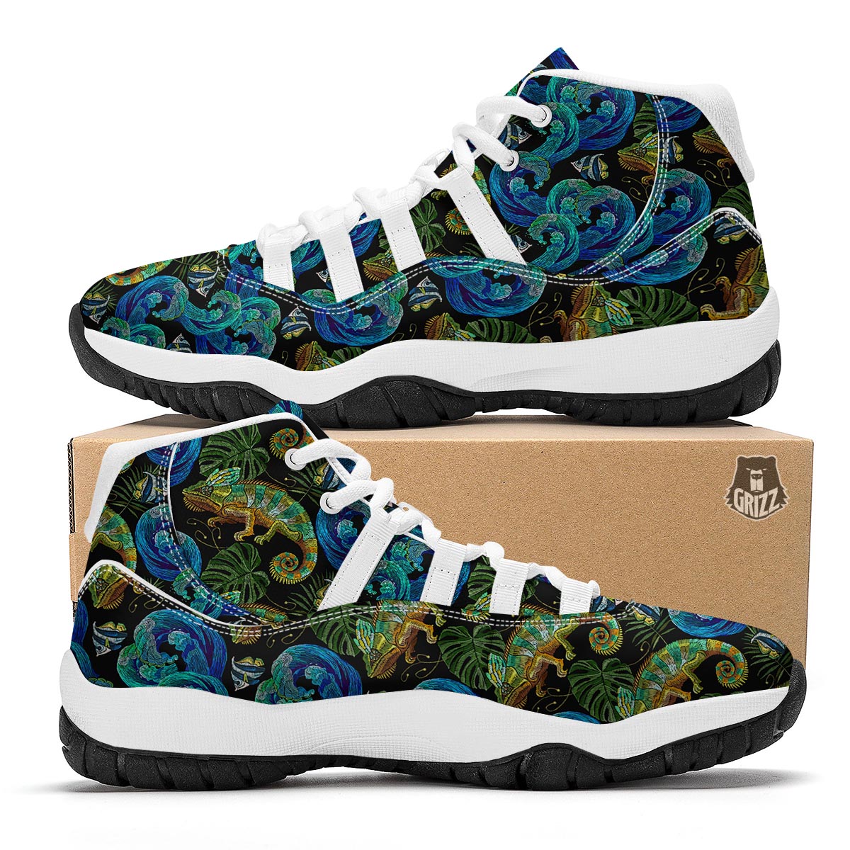 Chameleon Pattern Print White Bball Shoes-grizzshop