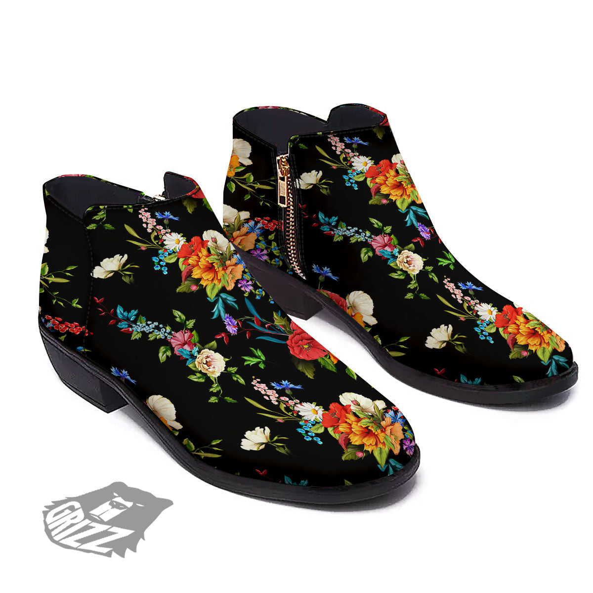 Chamomile And Poppy Print Pattern Ankle Boots-grizzshop