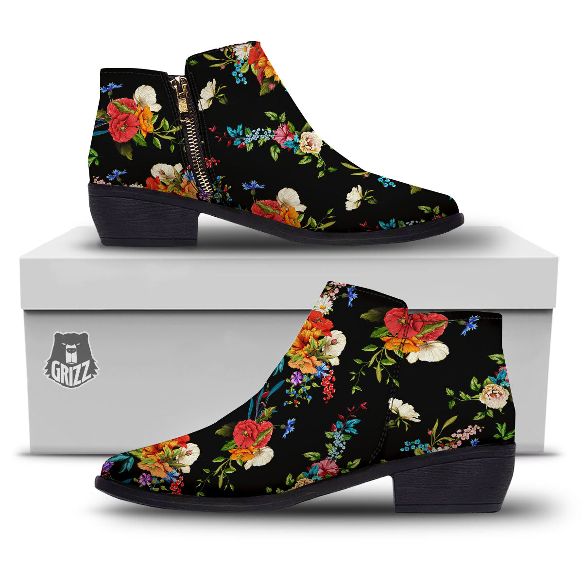 Chamomile And Poppy Print Pattern Ankle Boots-grizzshop