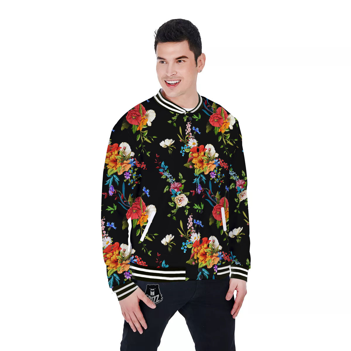 Chamomile And Poppy Print Pattern Baseball Jacket-grizzshop