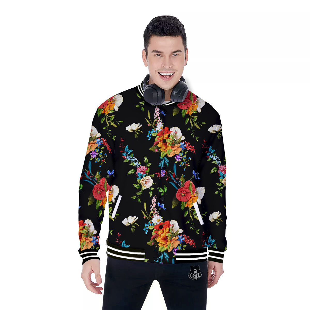 Chamomile And Poppy Print Pattern Baseball Jacket-grizzshop