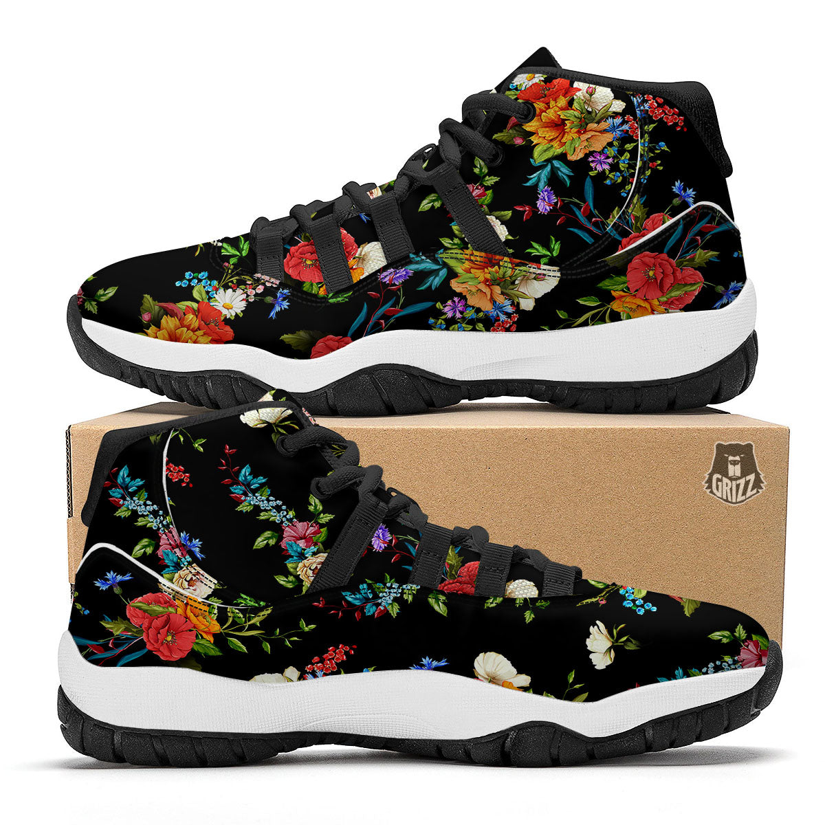 Chamomile And Poppy Print Pattern Black Bball Shoes-grizzshop