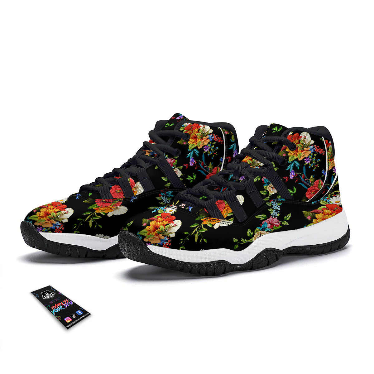 Chamomile And Poppy Print Pattern Black Bball Shoes-grizzshop