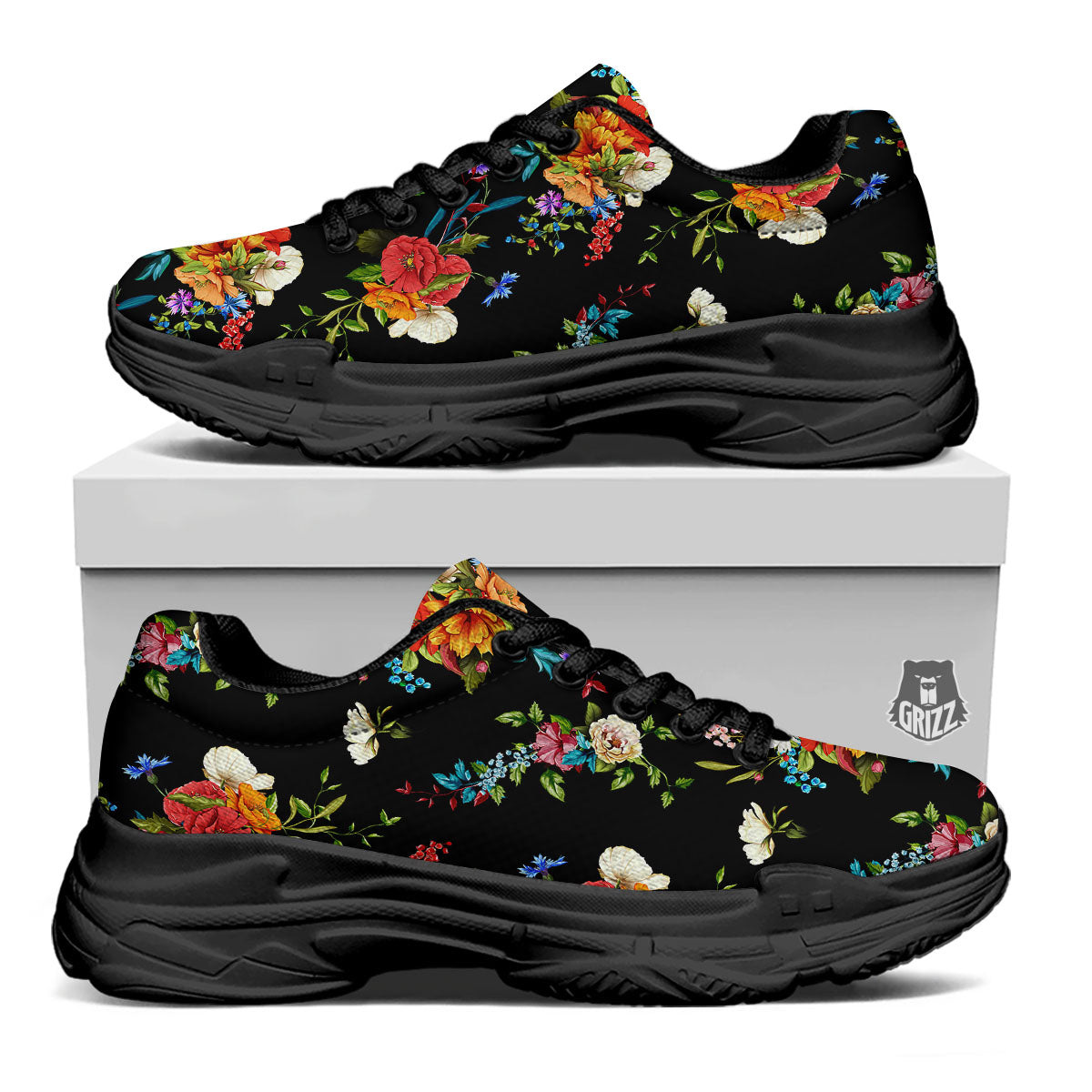 Chamomile And Poppy Print Pattern Black Chunky Shoes-grizzshop